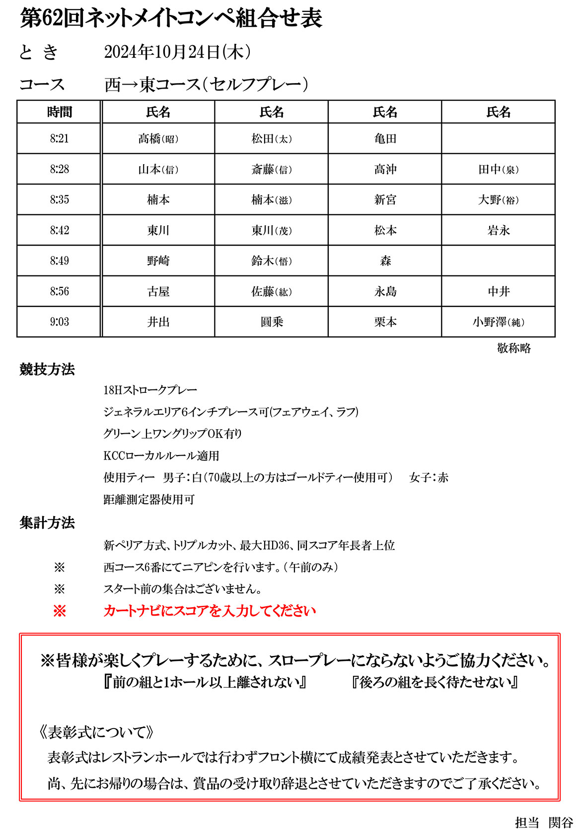 第62回 ネットメイトコンペ組合せ表