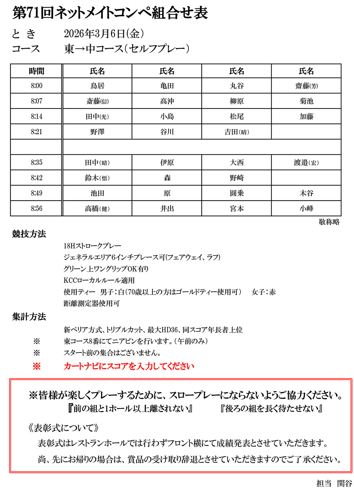 第71回 ネットメイトコンペ組合せ表
